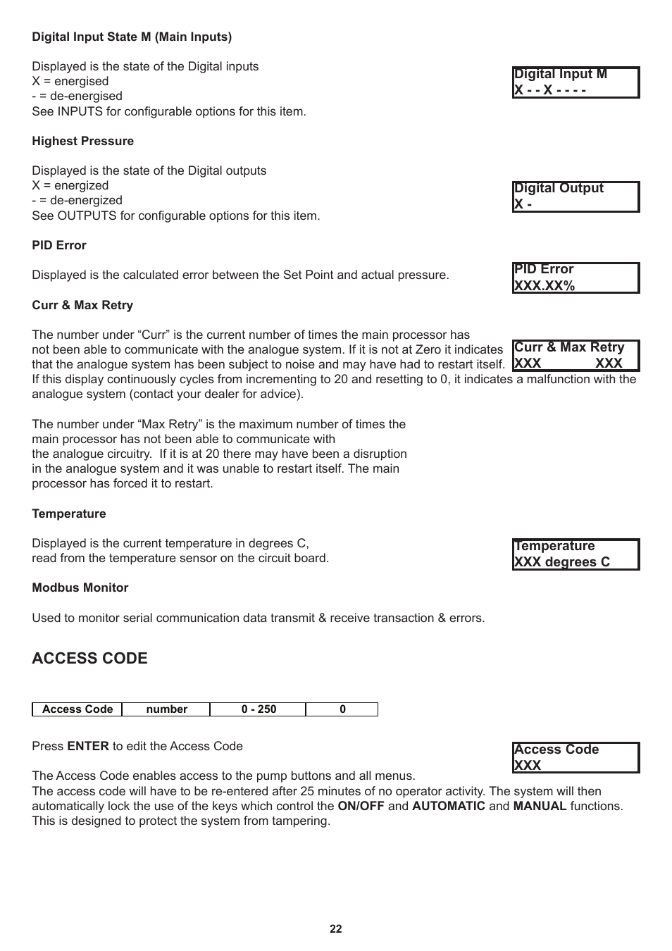 Access code | Davey Speedman Dual Pump Variable Speed Pump Control System User Manual | Page 22 / 64