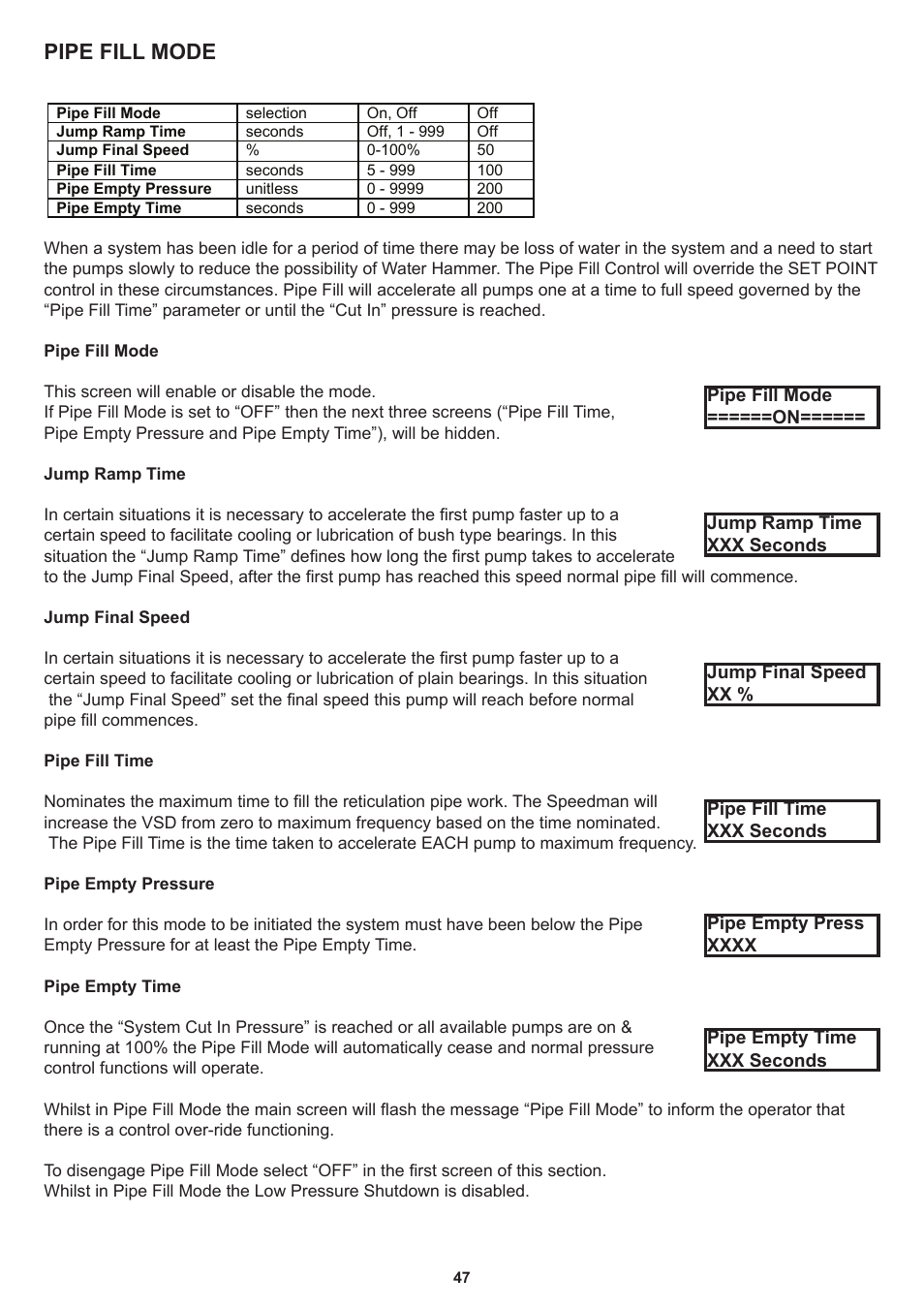 Pipe fill mode | Davey Speedman Dual Pump Variable Speed Pump Control System User Manual | Page 47 / 64