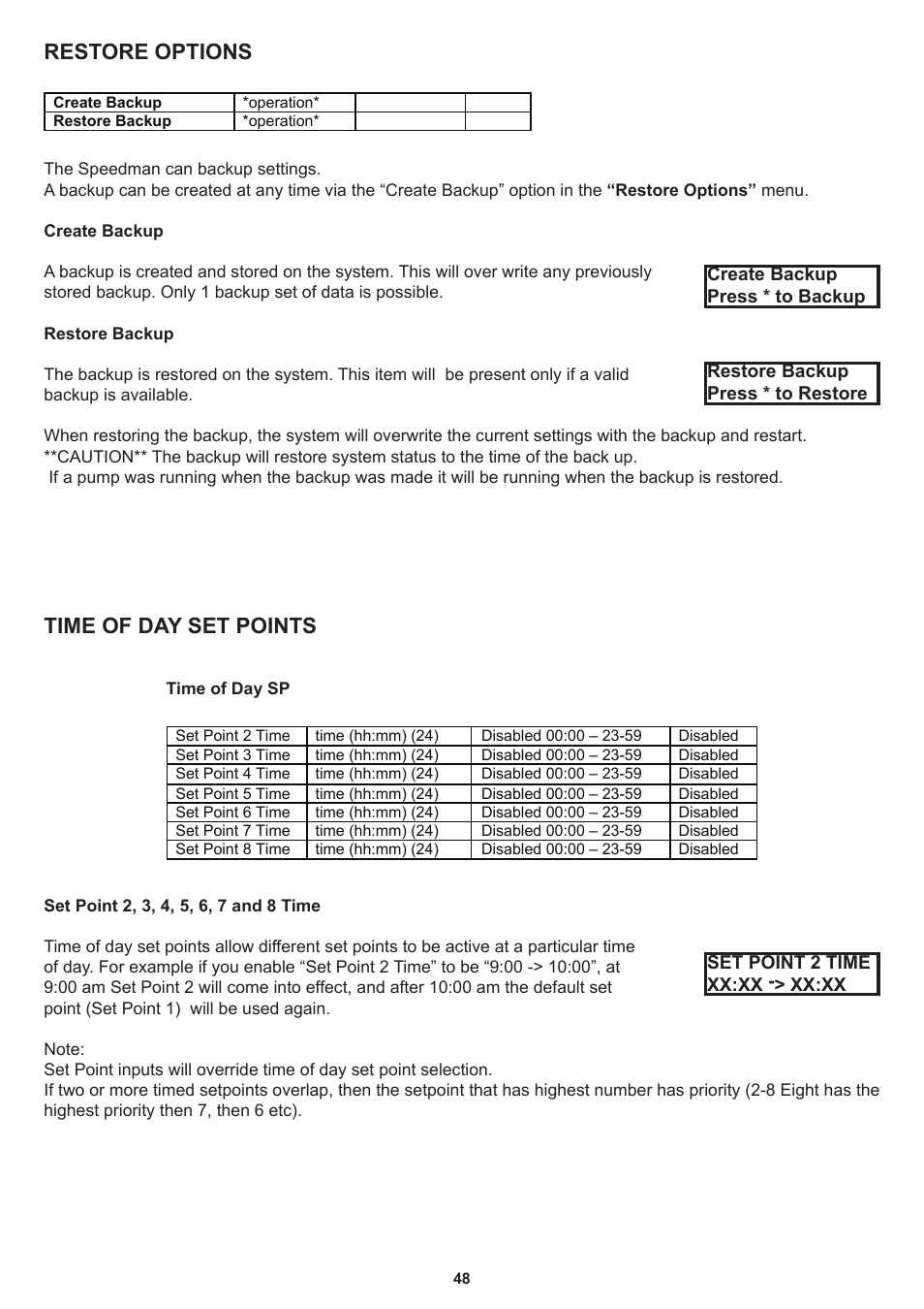 Restore options time of day set points | Davey Speedman Dual Pump Variable Speed Pump Control System User Manual | Page 48 / 64