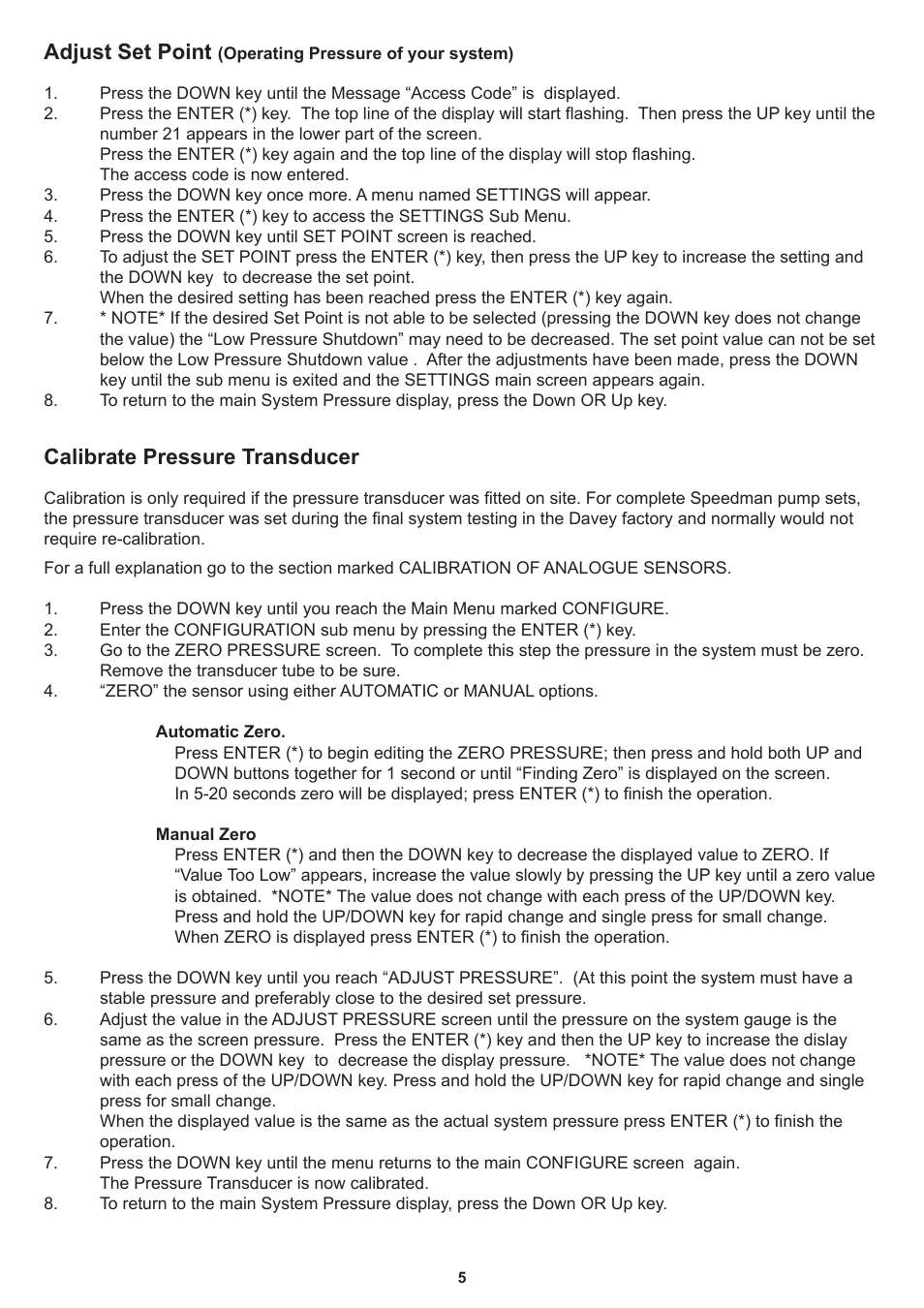 Adjust set point, Calibrate pressure transducer | Davey Speedman Dual Pump Variable Speed Pump Control System User Manual | Page 5 / 64