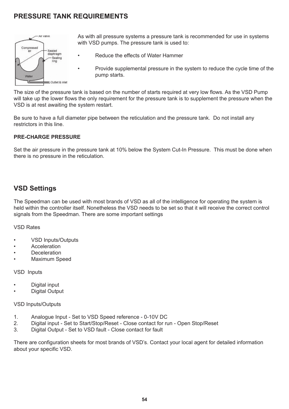Pressure tank requirements vsd settings | Davey Speedman Dual Pump Variable Speed Pump Control System User Manual | Page 54 / 64