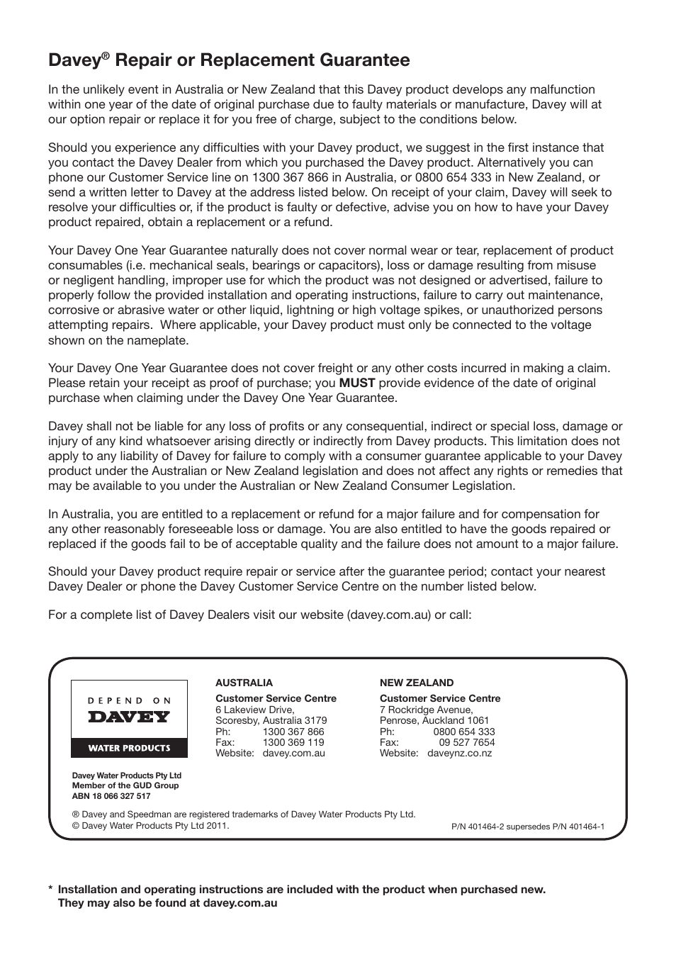 Davey, Repair or replacement guarantee | Davey Speedman Dual Pump Variable Speed Pump Control System User Manual | Page 64 / 64