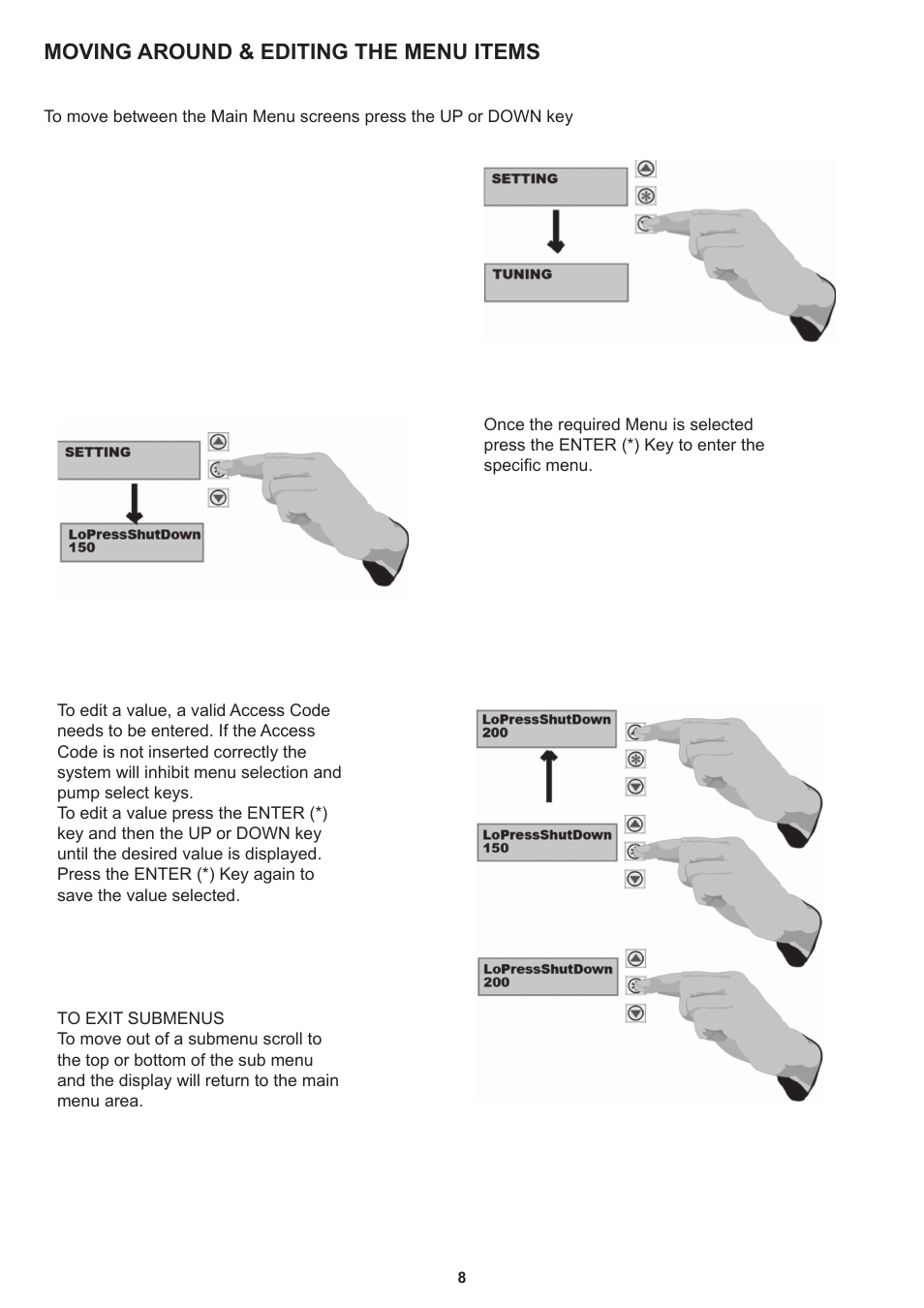 Moving around & editing the menu items | Davey Speedman Dual Pump Variable Speed Pump Control System User Manual | Page 8 / 64