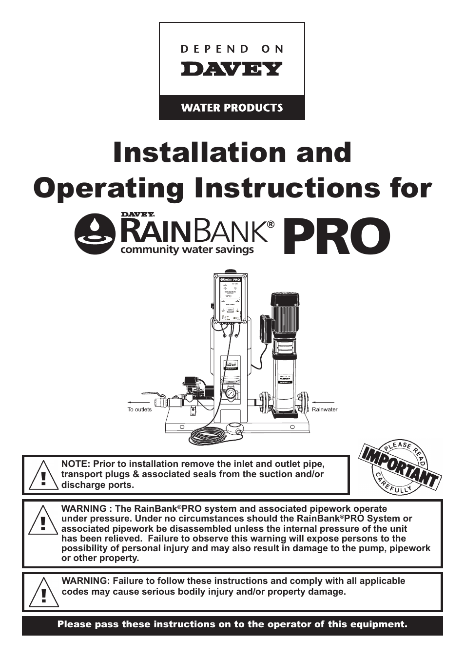 Davey RAINBANK PRO RAINWATER HARVESTING SYSTEM User Manual | 12 pages