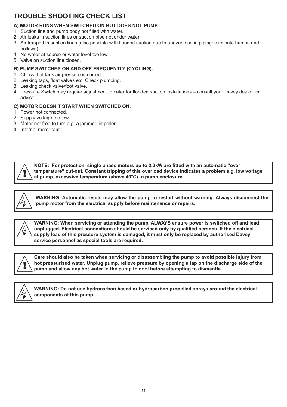 Trouble shooting check list | Davey RAINBANK PRO RAINWATER HARVESTING SYSTEM User Manual | Page 11 / 12