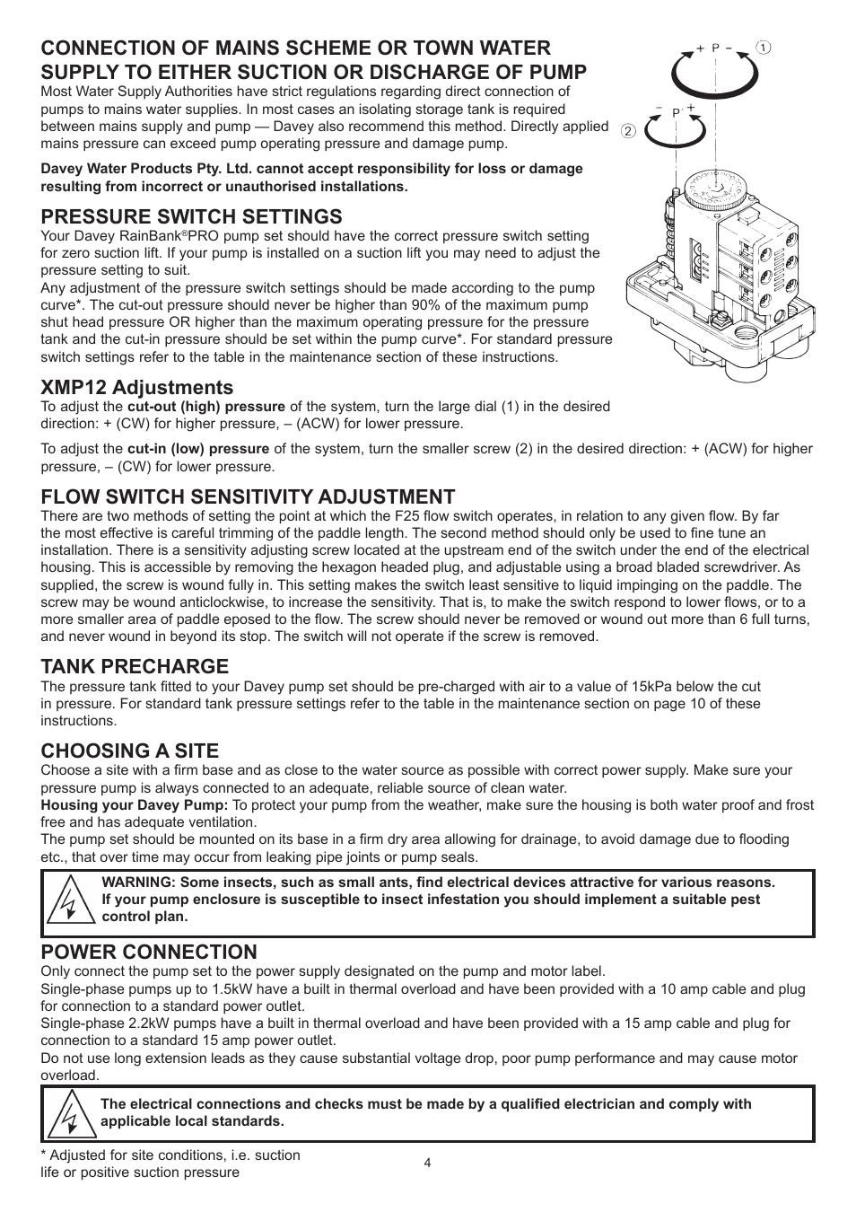 Pressure switch settings, Xmp12 adjustments, Flow switch sensitivity adjustment | Tank precharge, Choosing a site, Power connection | Davey RAINBANK PRO RAINWATER HARVESTING SYSTEM User Manual | Page 4 / 12
