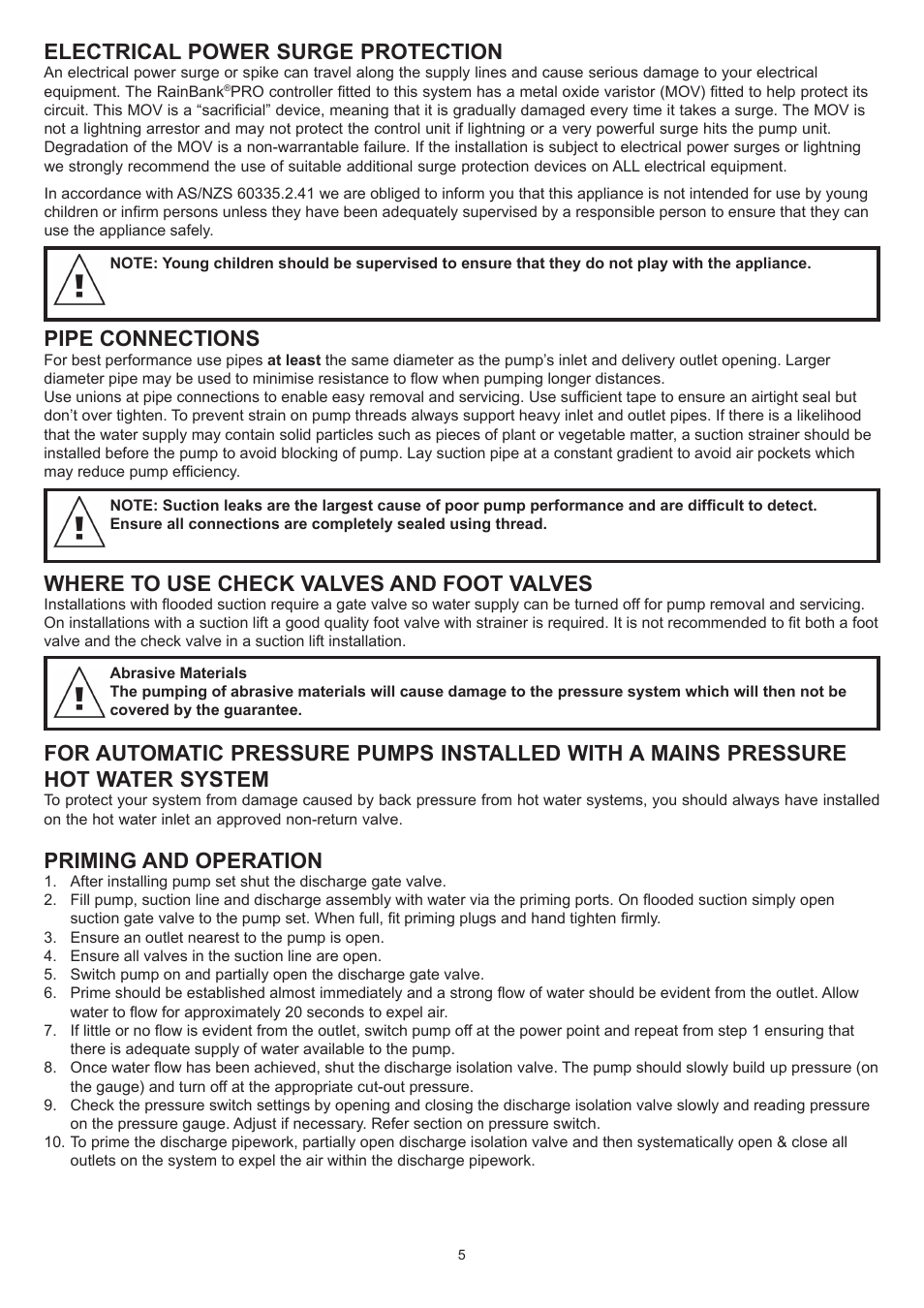 Electrical power surge protection, Pipe connections, Where to use check valves and foot valves | Priming and operation | Davey RAINBANK PRO RAINWATER HARVESTING SYSTEM User Manual | Page 5 / 12