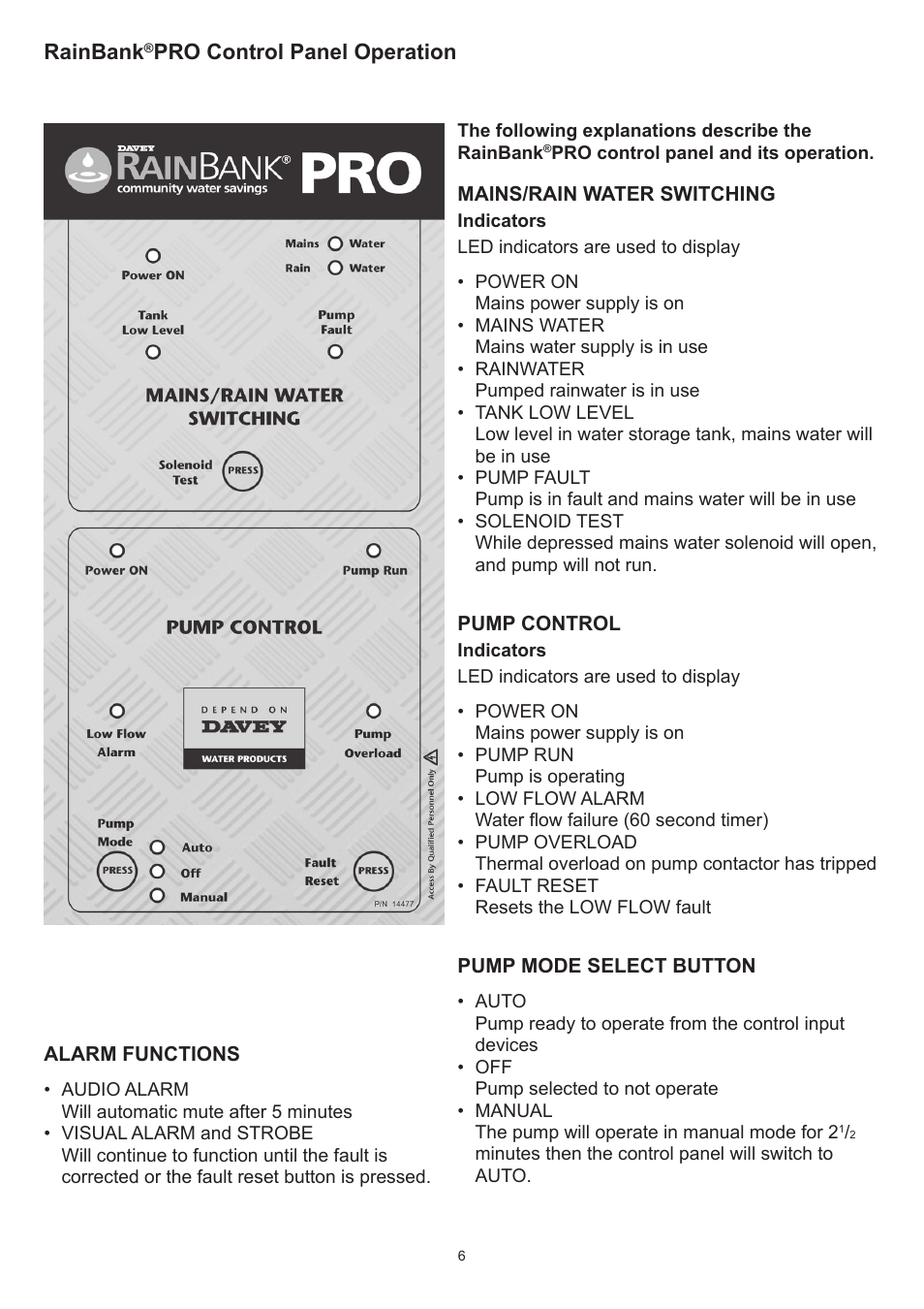 Rainbank, Pro control panel operation | Davey RAINBANK PRO RAINWATER HARVESTING SYSTEM User Manual | Page 6 / 12