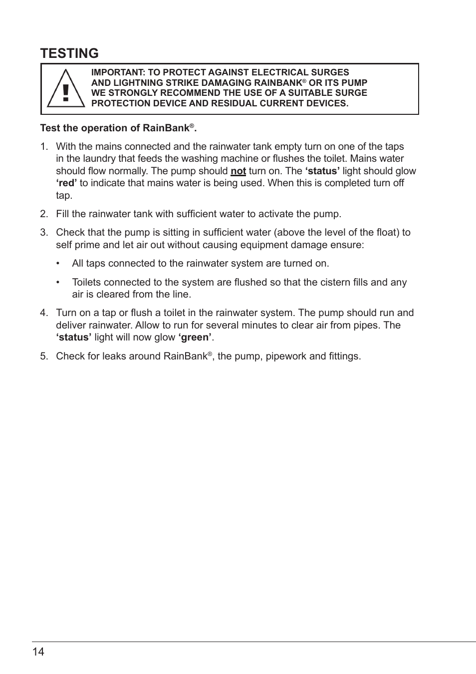 Testing | Davey RAINBANK WALL MOUNTED CABINET SYSTEM User Manual | Page 14 / 20