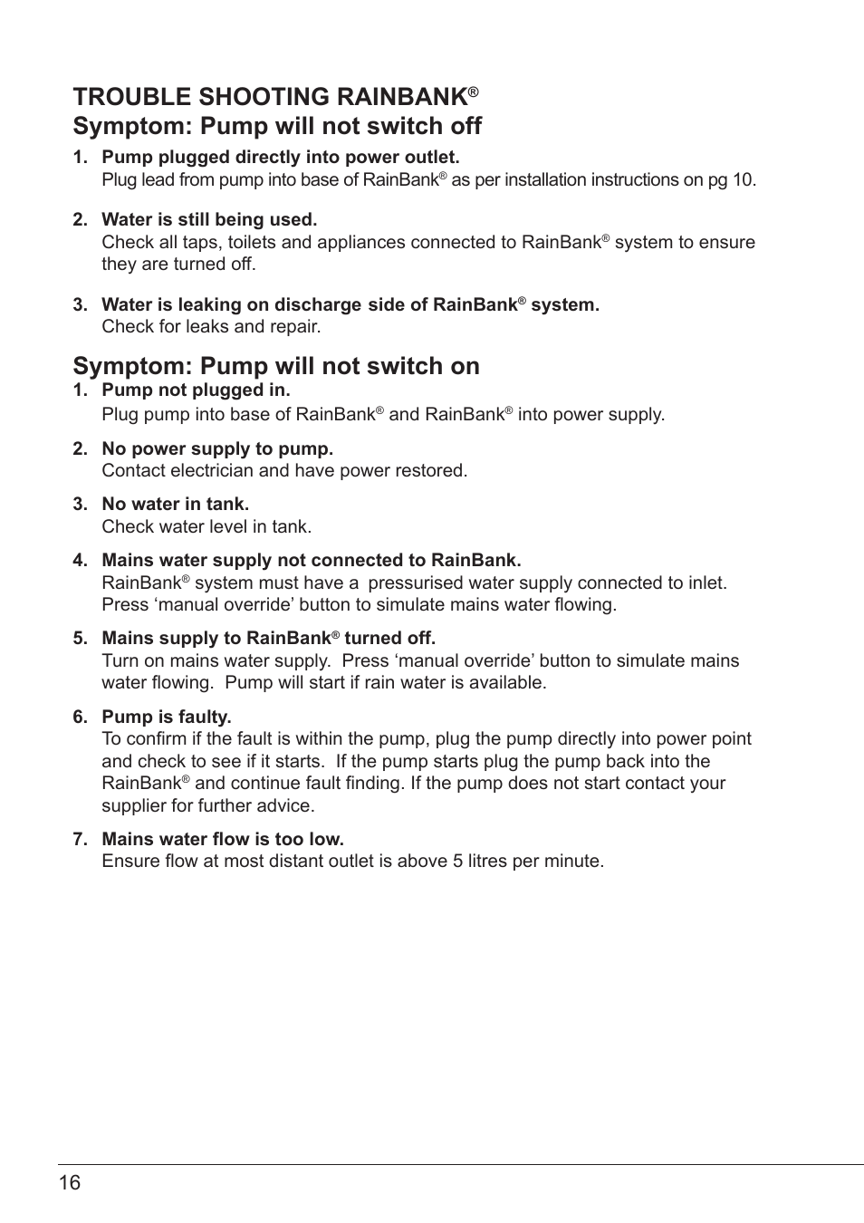 Trouble shooting rainbank, Symptom: pump will not switch off, Symptom: pump will not switch on | Davey RAINBANK WALL MOUNTED CABINET SYSTEM User Manual | Page 16 / 20