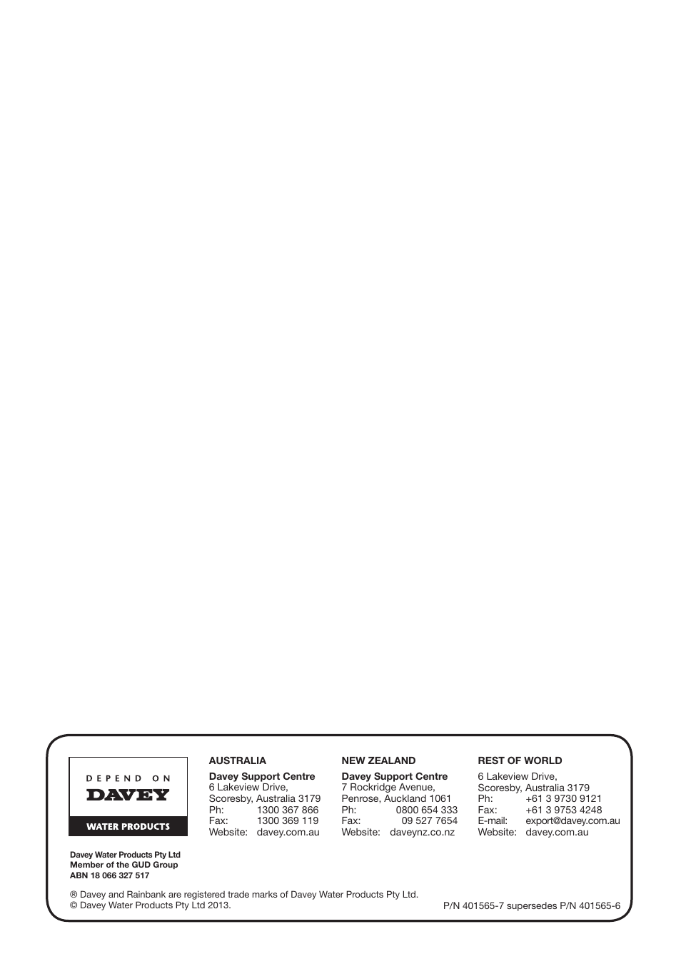 Davey RAINBANK WALL MOUNTED CABINET SYSTEM User Manual | Page 20 / 20