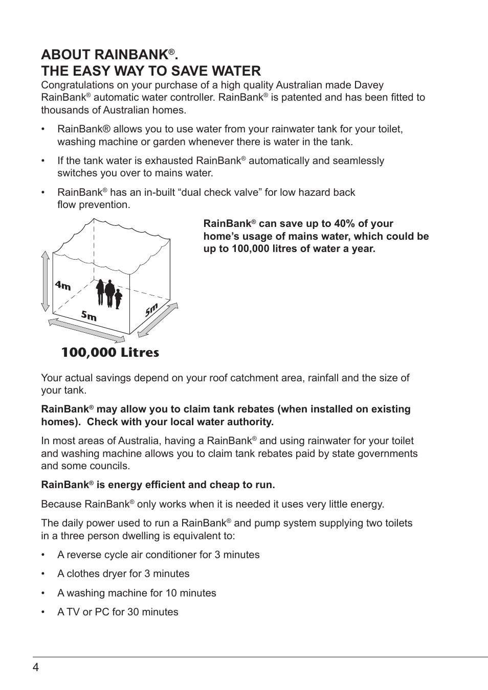 About rainbank, The easy way to save water | Davey RAINBANK WALL MOUNTED CABINET SYSTEM User Manual | Page 4 / 20