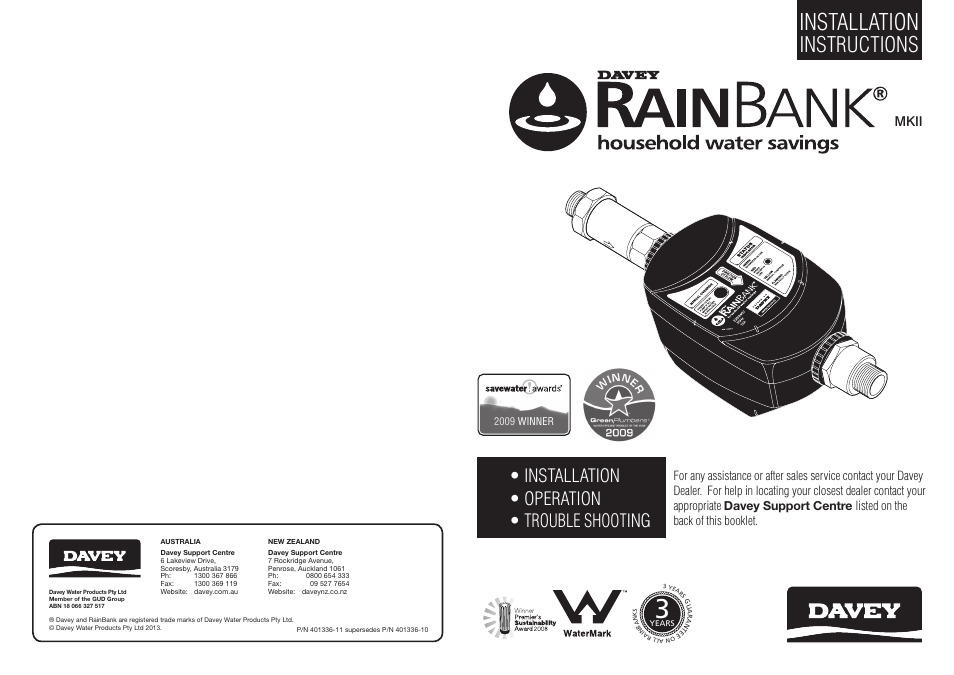 Davey RAINBANK WITH SUBMERSIBLE PUMP User Manual | 18 pages