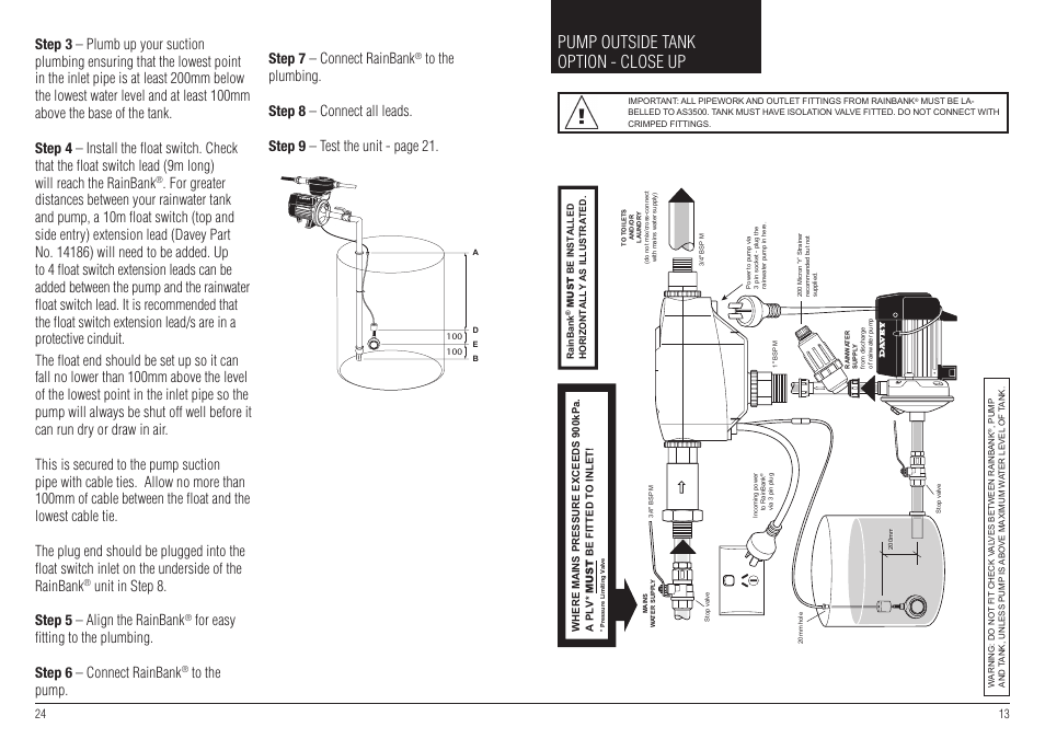 Pump outside tank option - close up, Unit in step 8. step 5 – align the rainbank, Cd e f | Davey RAINBANK WITH SUBMERSIBLE PUMP User Manual | Page 13 / 18