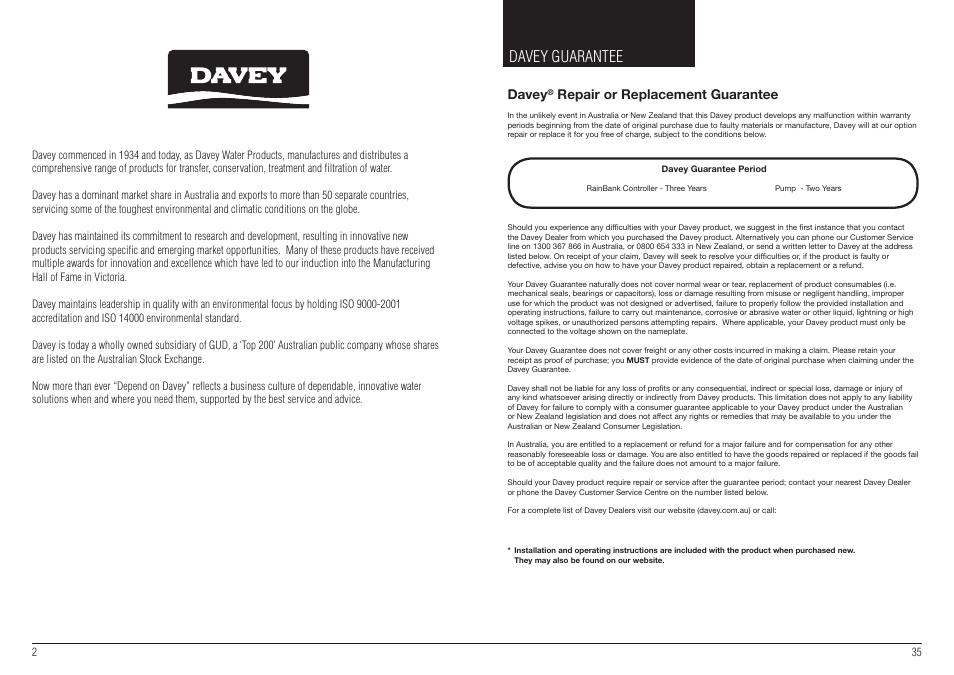 Davey guarantee, Davey, Repair or replacement guarantee | Davey RAINBANK WITH SUBMERSIBLE PUMP User Manual | Page 2 / 18