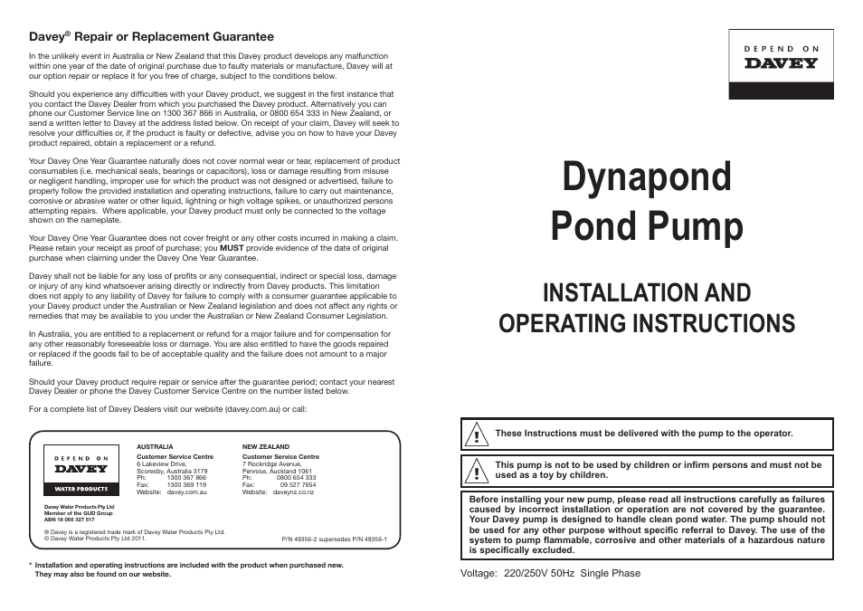 Davey Dynapond Pond Pump User Manual | 2 pages