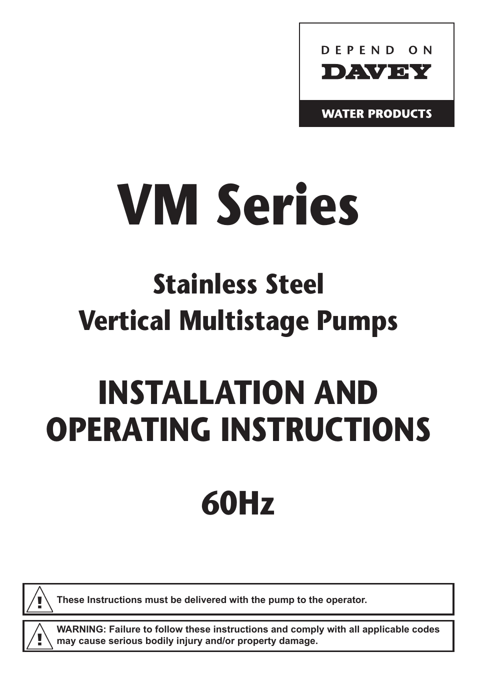 Davey VM Series Stainless Steel Vertical Multistage Pumps User Manual | 8 pages