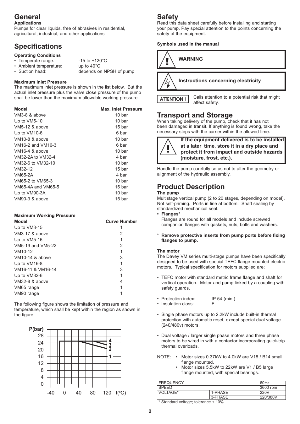 Safety, Transport and storage, Product description | General, Specifications | Davey VM Series Stainless Steel Vertical Multistage Pumps User Manual | Page 2 / 8