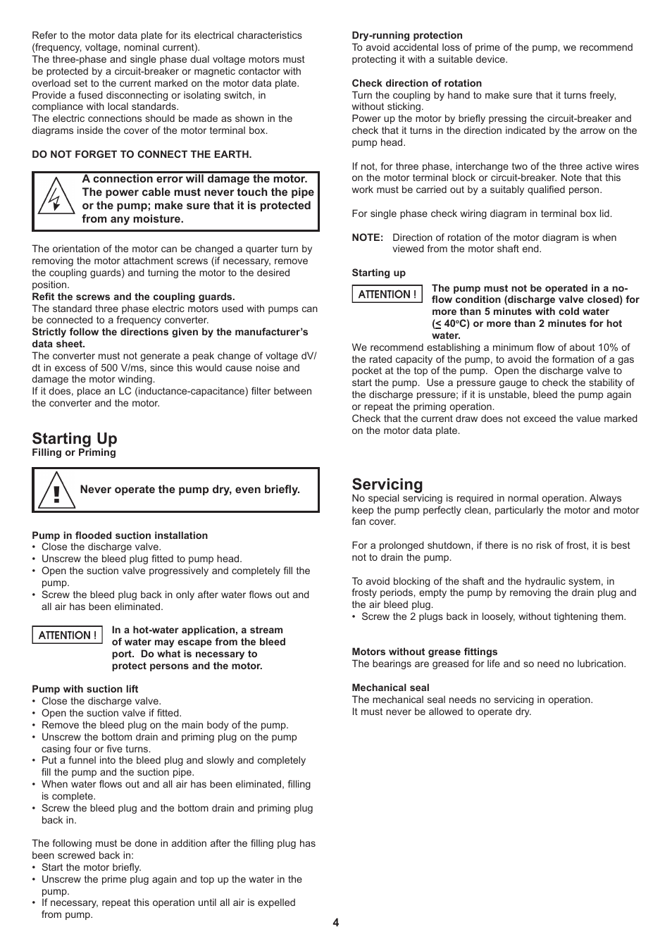 Starting up, Servicing | Davey VM Series Stainless Steel Vertical Multistage Pumps User Manual | Page 4 / 8