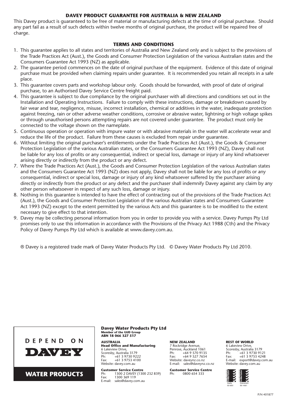 Davey water products pty ltd | Davey VM Series Stainless Steel Vertical Multistage Pumps User Manual | Page 8 / 8