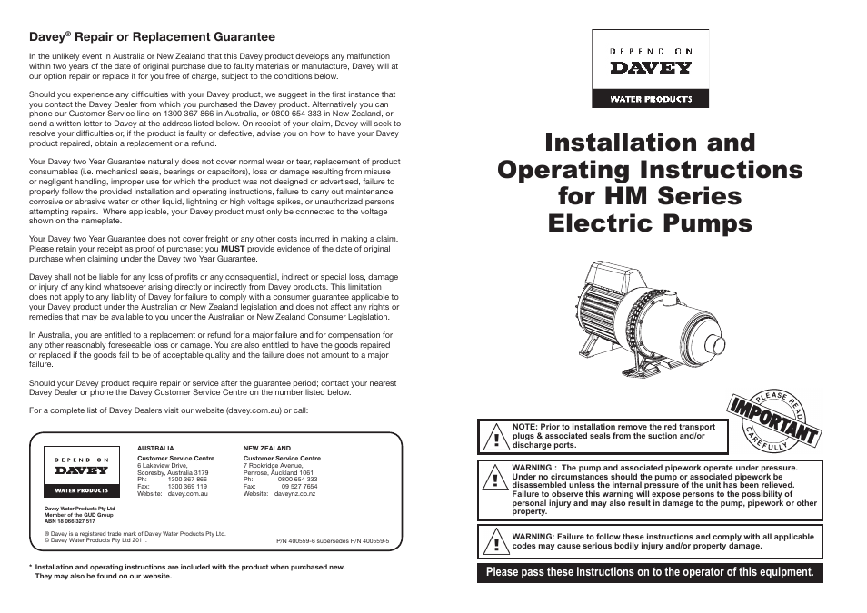 Davey HM Series Electric Pumps User Manual | 6 pages