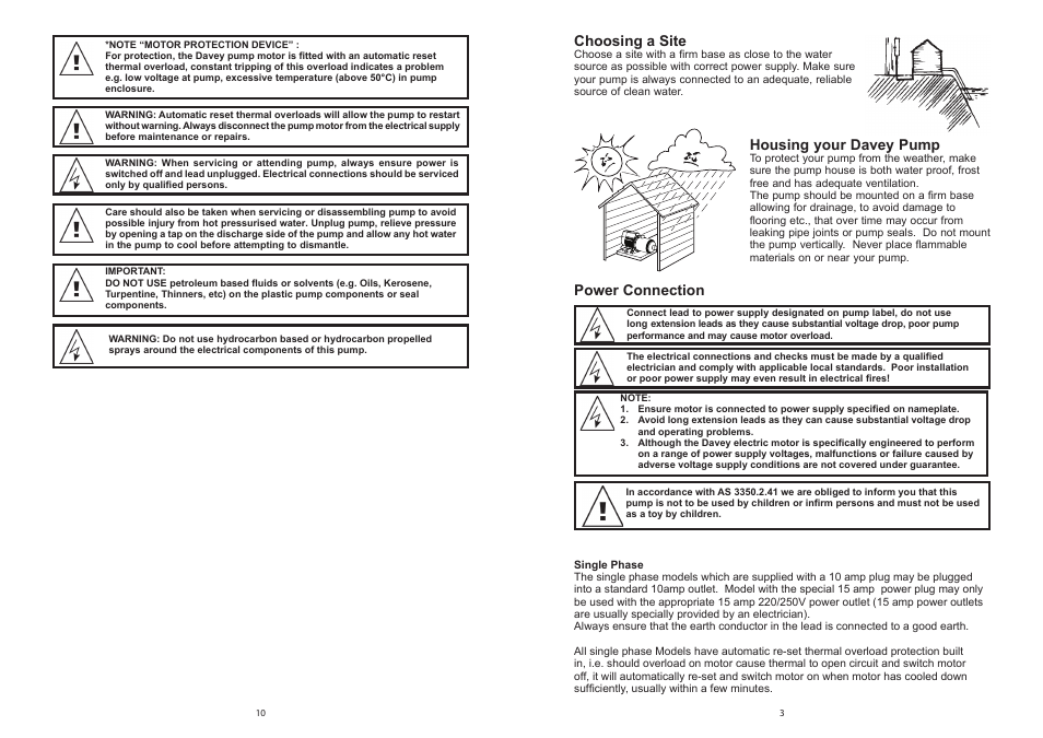 Choosing a site, Housing your davey pump, Power connection | Davey HM Series Electric Pumps User Manual | Page 3 / 6