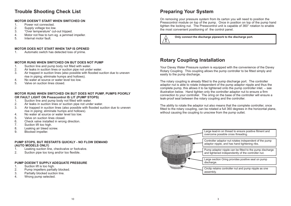 Preparing your system, Rotary coupling installation, Trouble shooting check list | Davey HP, HS & HM Pressure Systems with Presscontrol User Manual | Page 3 / 6