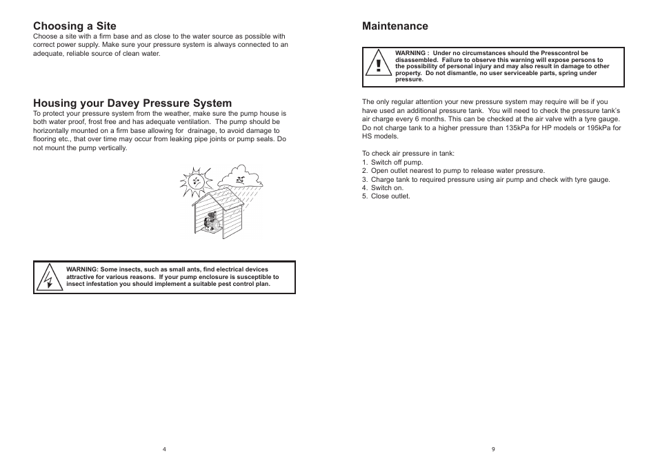Choosing a site, Housing your davey pressure system, Maintenance | Davey HP, HS & HM Pressure Systems with Presscontrol User Manual | Page 4 / 6