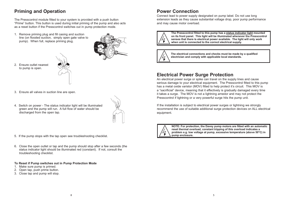 Priming and operation, Power connection, Electrical power surge protection | Davey HP, HS & HM Pressure Systems with Presscontrol User Manual | Page 5 / 6