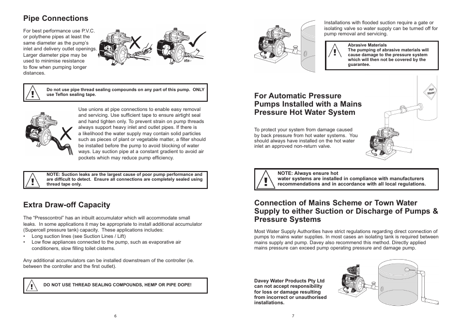 Pipe connections, Extra draw-off capacity | Davey HP, HS & HM Pressure Systems with Presscontrol User Manual | Page 6 / 6