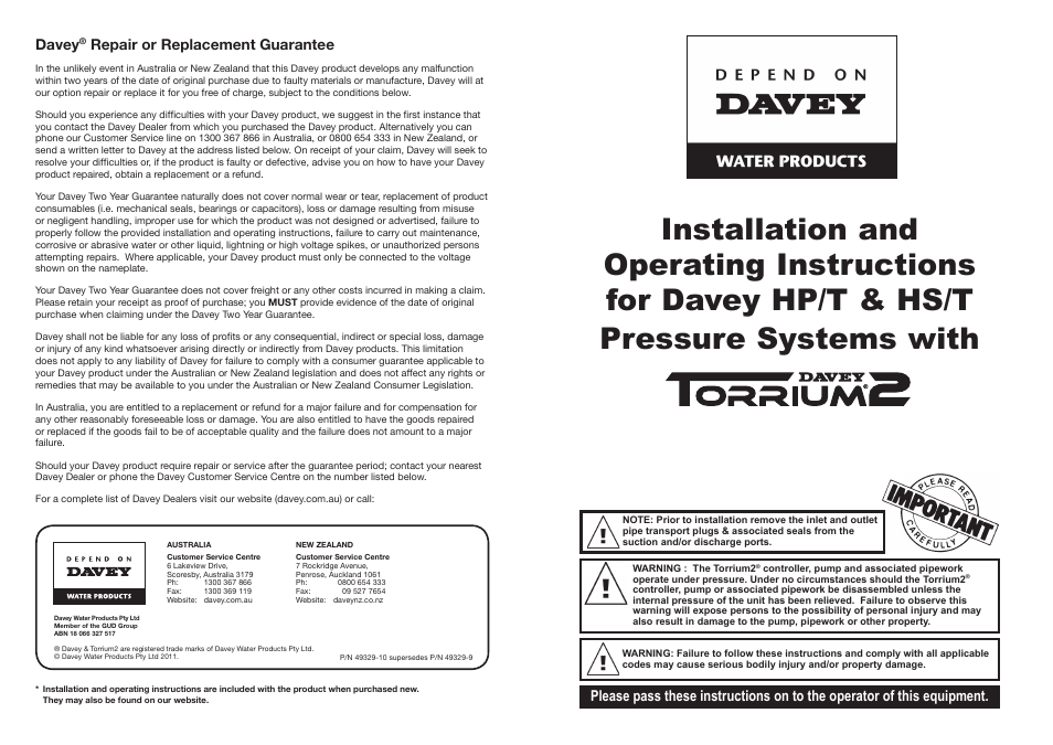 Davey HP/T & HS/T Pressure Systems with Torrium2 User Manual | 6 pages