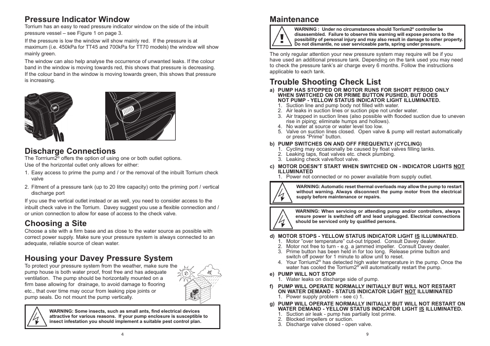 Trouble shooting check list, Choosing a site, Housing your davey pressure system | Discharge connections, Pressure indicator window, Maintenance | Davey HP/T & HS/T Pressure Systems with Torrium2 User Manual | Page 4 / 6