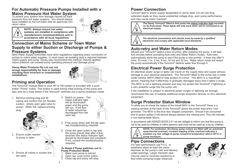 Auto-retry and water return modes, Electrical power surge protection, Surge protector status window | Pipe connections, Power connection, Priming and operation | Davey HP/T & HS/T Pressure Systems with Torrium2 User Manual | Page 5 / 6