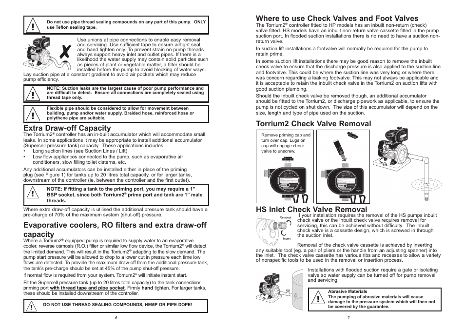 Where to use check valves and foot valves, Torrium2 check valve removal, Extra draw-off capacity | Hs inlet check valve removal | Davey HP/T & HS/T Pressure Systems with Torrium2 User Manual | Page 6 / 6