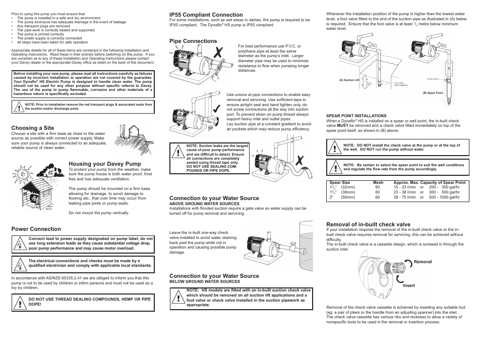 Ip55 compliant connection, Pipe connections, Connection to your water source | Choosing a site, Housing your davey pump, Power connection, Removal of in-built check valve | Davey HS Series Electric Pumps User Manual | Page 2 / 2