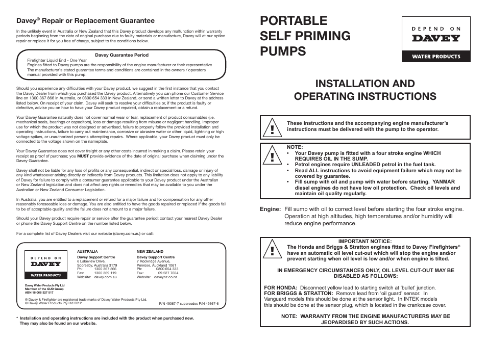 Davey PORTABLE SELF PRIMING PUMPS Firefighter 5 Series User Manual | 4 pages