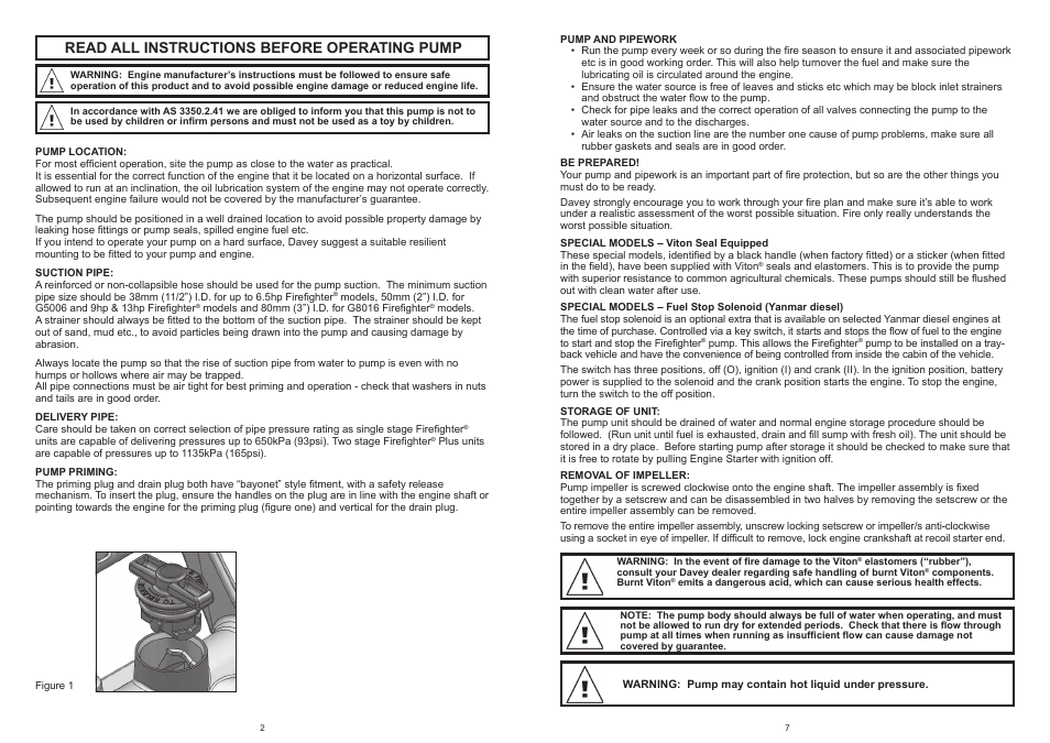 Read all instructions before operating pump | Davey PORTABLE SELF PRIMING PUMPS Firefighter 5 Series User Manual | Page 2 / 4
