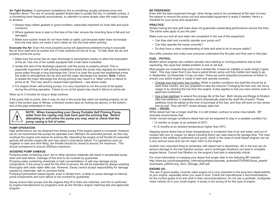 Davey PORTABLE SELF PRIMING PUMPS Firefighter 5 Series User Manual | Page 4 / 4