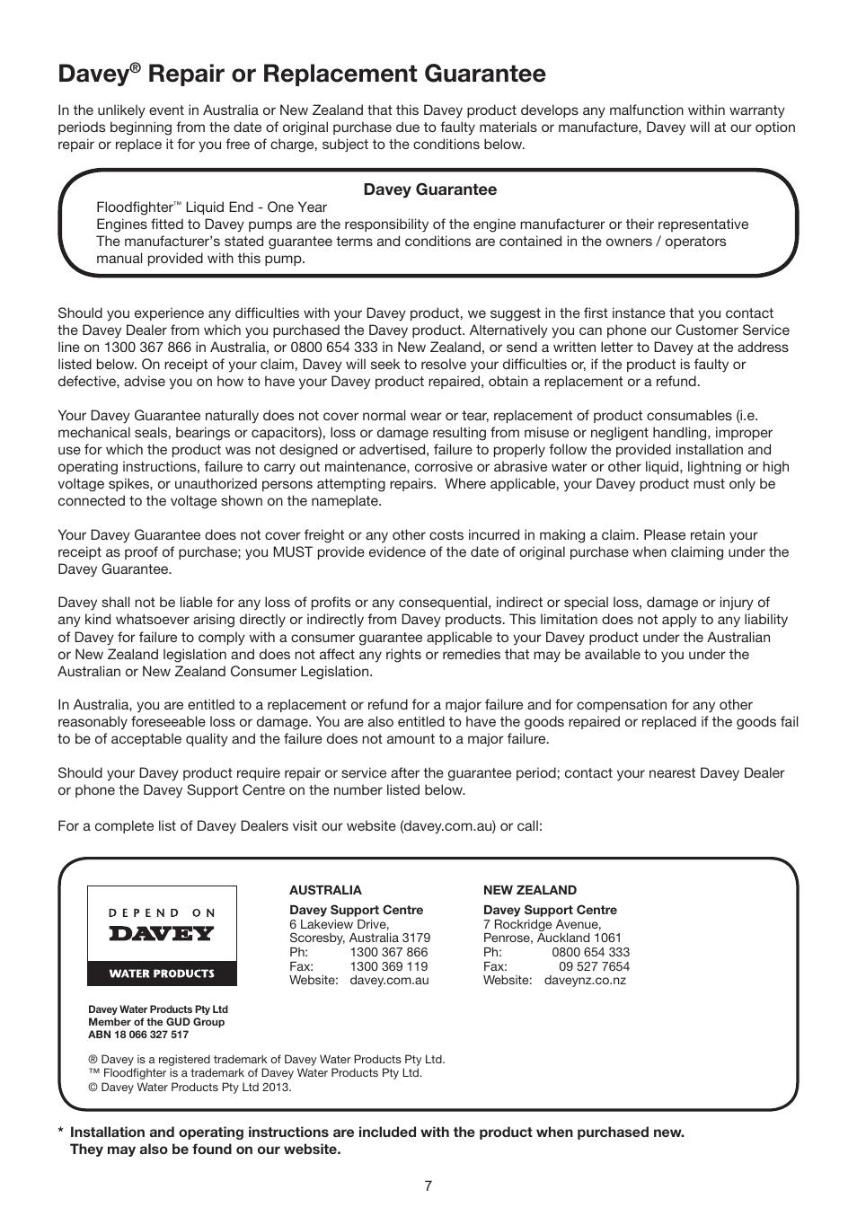 Davey, Repair or replacement guarantee | Davey 4 Floodfighter Pumps User Manual | Page 7 / 8