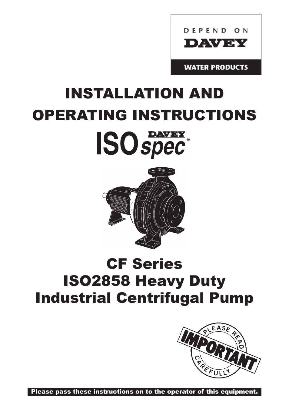 Davey ISOSPEC CF Series ISO2858 Heavy Duty Industrial Centrifugal Pump User Manual | 4 pages