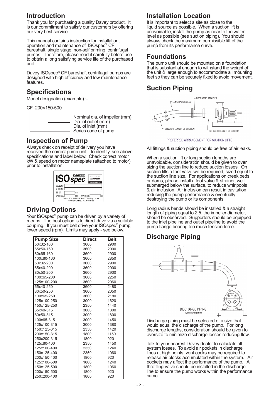 Introduction, Specifications, Inspection of pump | Driving options, Installation location, Foundations, Suction piping, Discharge piping | Davey ISOSPEC CF Series ISO2858 Heavy Duty Industrial Centrifugal Pump User Manual | Page 2 / 4