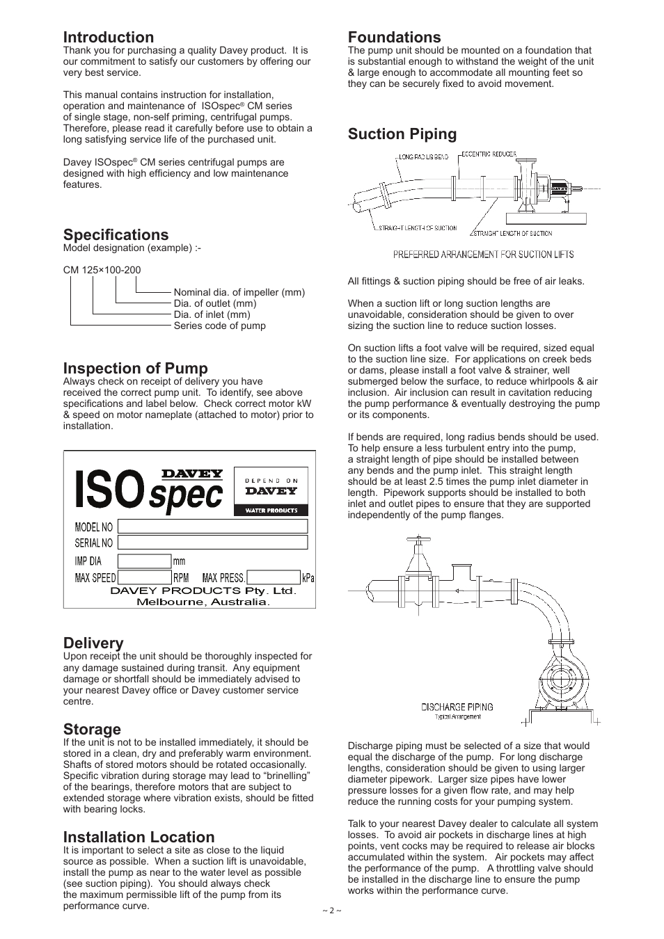 Introduction, Specifications, Inspection of pump | Delivery, Storage, Installation location, Foundations, Suction piping, Discharge piping | Davey ISOSPEC CM Series ISO2858 Heavy Duty Industrial Centrifugal Pump User Manual | Page 2 / 6