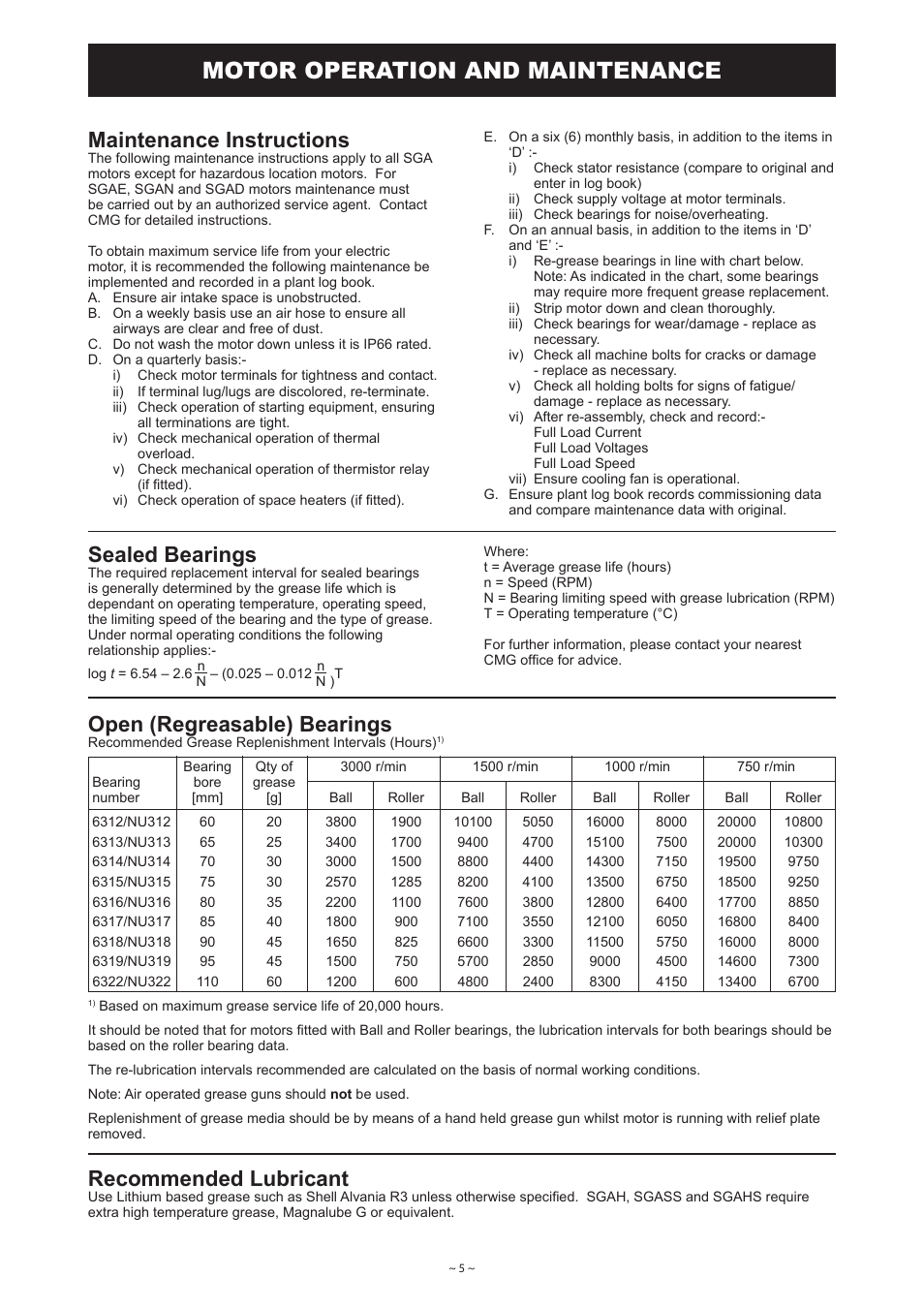 Motor operation and maintenance, Maintenance instructions, Sealed bearings | Open (regreasable) bearings, Recommended lubricant | Davey ISOSPEC CM Series ISO2858 Heavy Duty Industrial Centrifugal Pump User Manual | Page 5 / 6