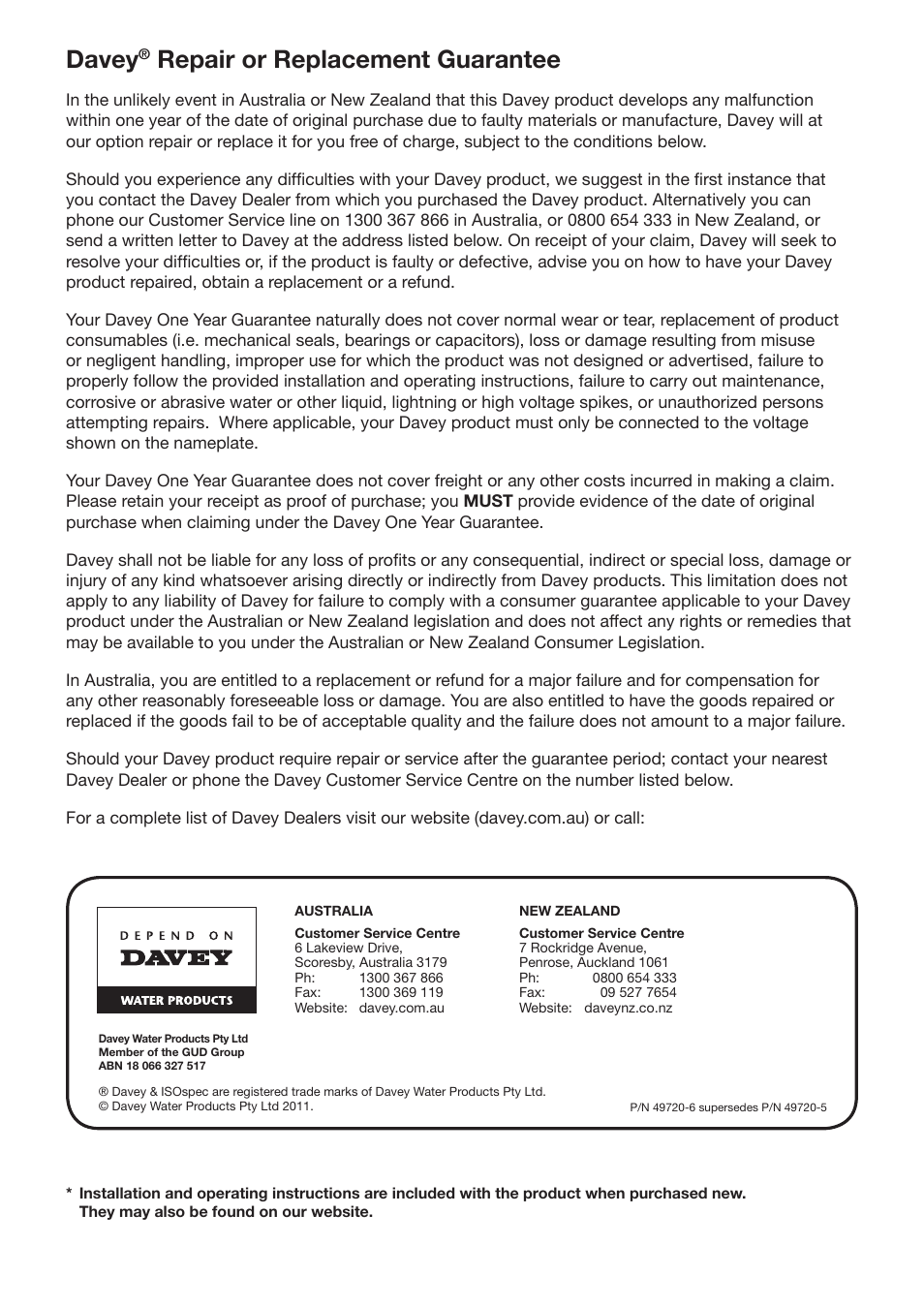 Davey, Repair or replacement guarantee | Davey ISOSPEC CM Series ISO2858 Heavy Duty Industrial Centrifugal Pump User Manual | Page 6 / 6