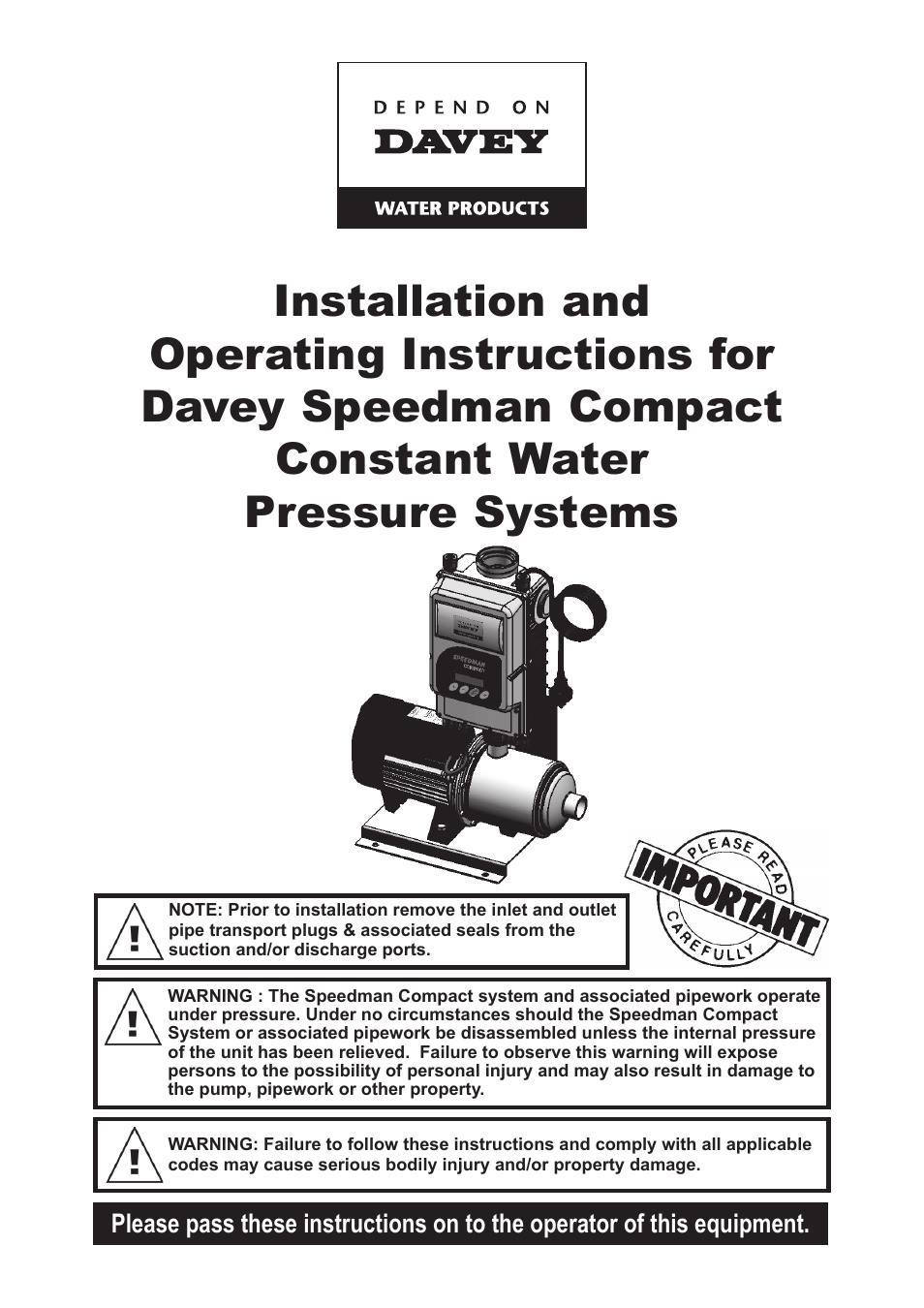 Davey Speedman Compact Constant Water Pressure Systems User Manual | 16 pages