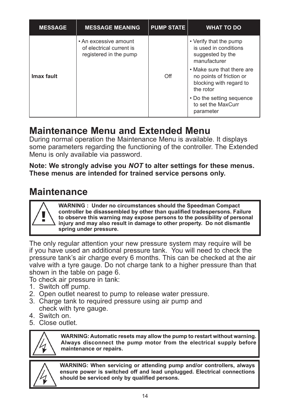Maintenance menu and extended menu, Maintenance | Davey Speedman Compact Constant Water Pressure Systems User Manual | Page 14 / 16