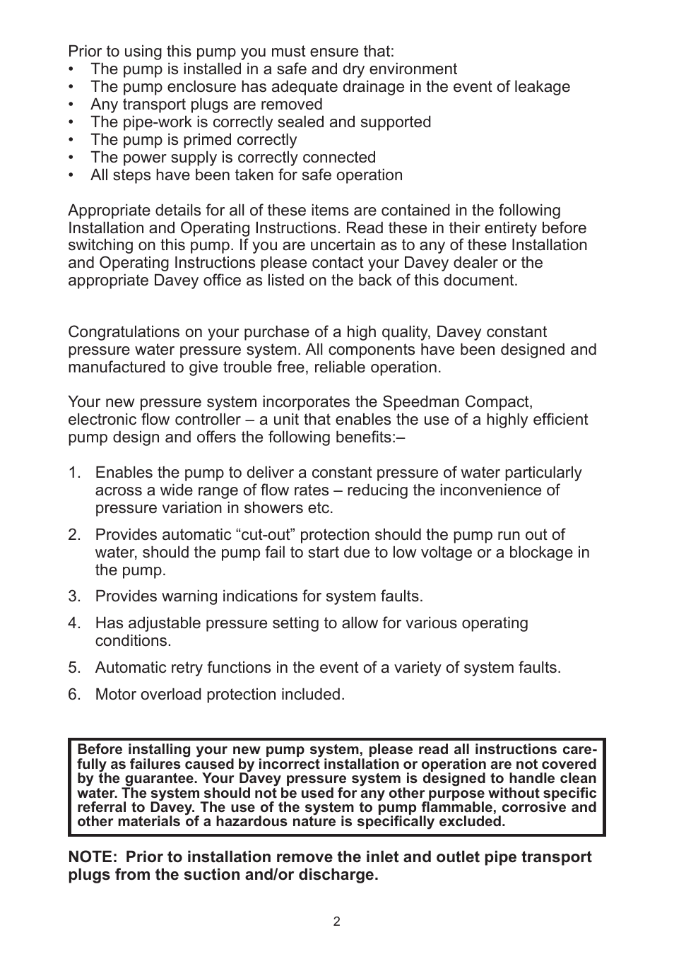 Davey Speedman Compact Constant Water Pressure Systems User Manual | Page 2 / 16