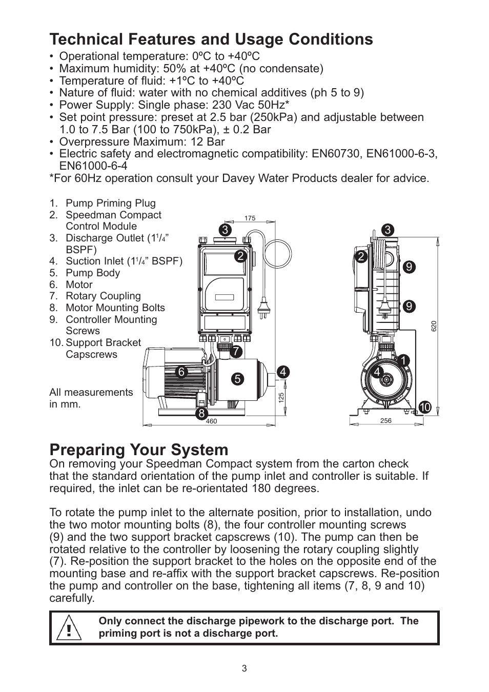 Preparing your system, Technical features and usage conditions | Davey Speedman Compact Constant Water Pressure Systems User Manual | Page 3 / 16
