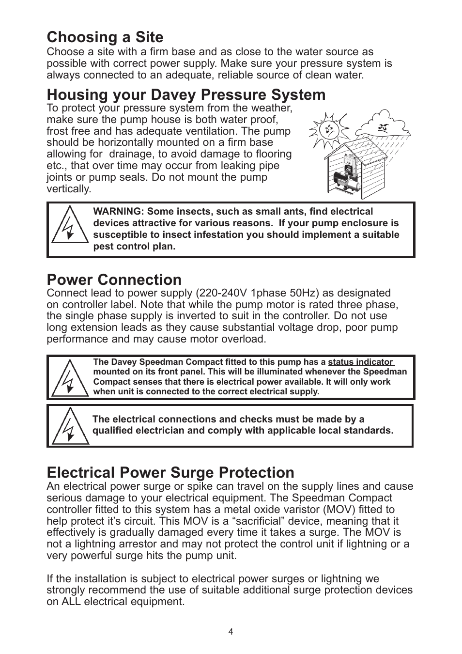 Power connection, Choosing a site, Housing your davey pressure system | Electrical power surge protection | Davey Speedman Compact Constant Water Pressure Systems User Manual | Page 4 / 16