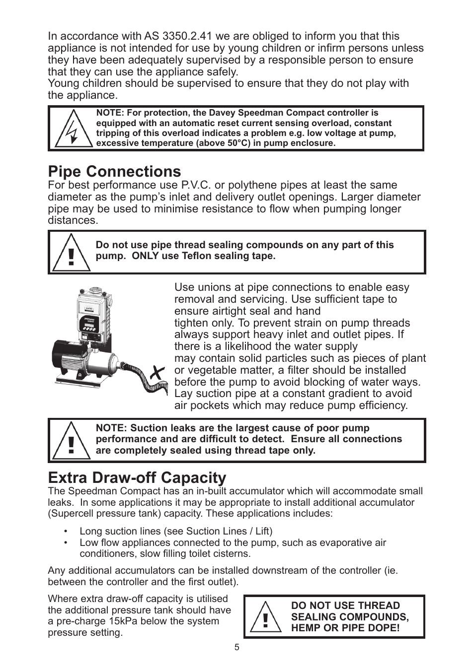 Pipe connections, Extra draw-off capacity | Davey Speedman Compact Constant Water Pressure Systems User Manual | Page 5 / 16